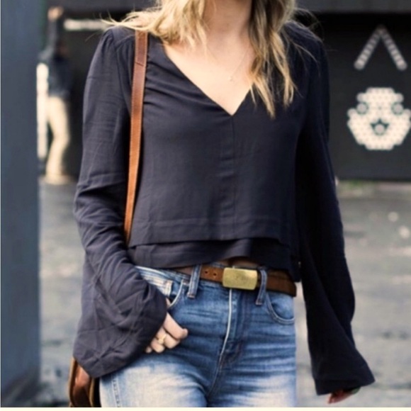 Free People Black Bell Sleeve Crop Top - Picture 1 of 5